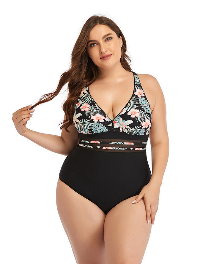 Pink Flower V-Neck Tie One-Piece Swimsuit