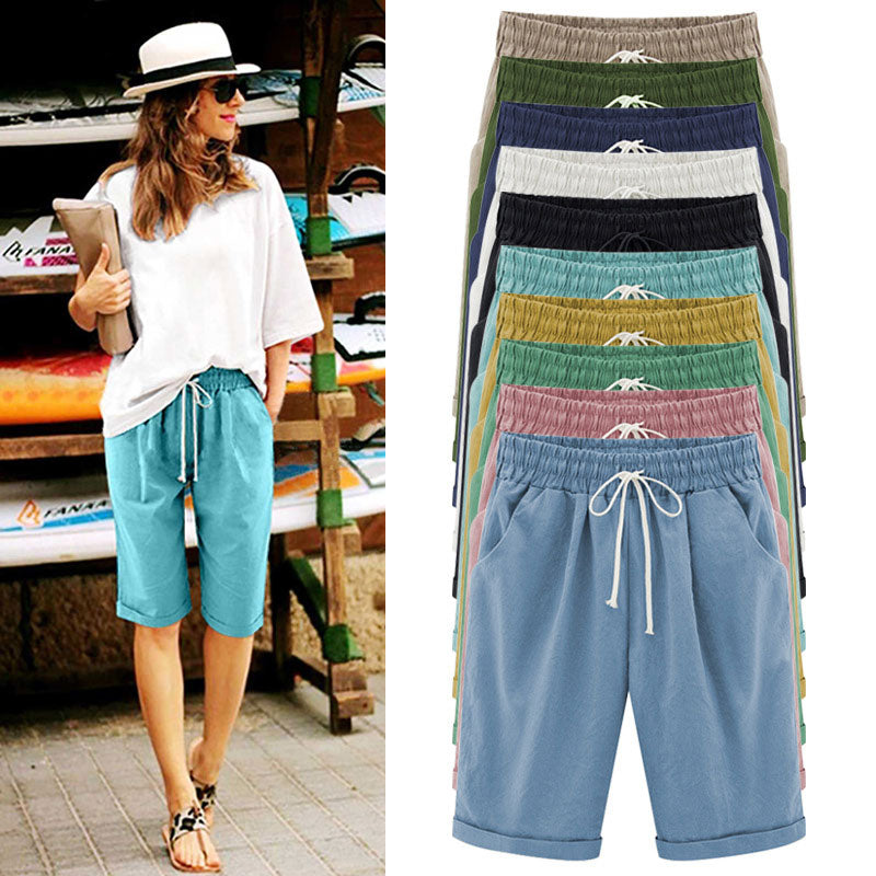Savaviaswim - Women's Elastic Waist Knee Length Casual Cotton Bermuda Shorts with Drawstring