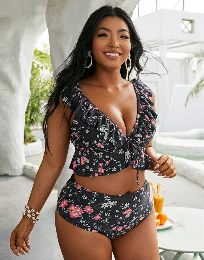 Savaviaswim - Black High Waist Ruffle Bikini Set