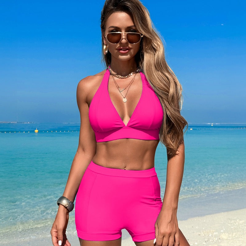 Savaviaswim - Women's Bikini Sets Trim 2 Piece High Waisted Swimsuit Halter V Neck Adjustable Drawstring Straps Bathing Suit with Boyshort