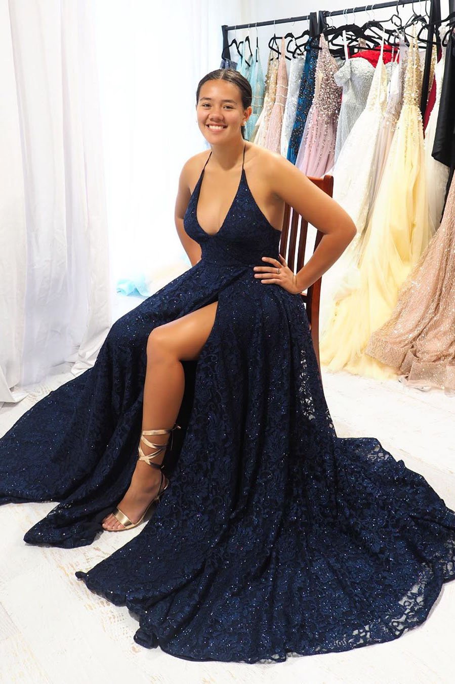 Elegant Navy Blue A-Line Halter Long Backless Lace Evening Dresses with Slit Prom Dresses Elegant Navy Blue A-Line Halter Long Backless Lace Evening Dresses with Slit Prom Dresses