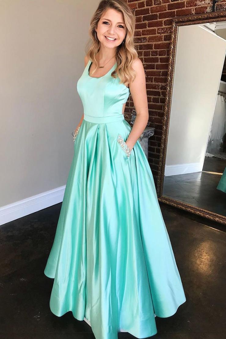 Simple Green Sleeveless Open Back Satin Long Evening Dresses Simple Green Sleeveless Open Back Satin Long Evening Dresses