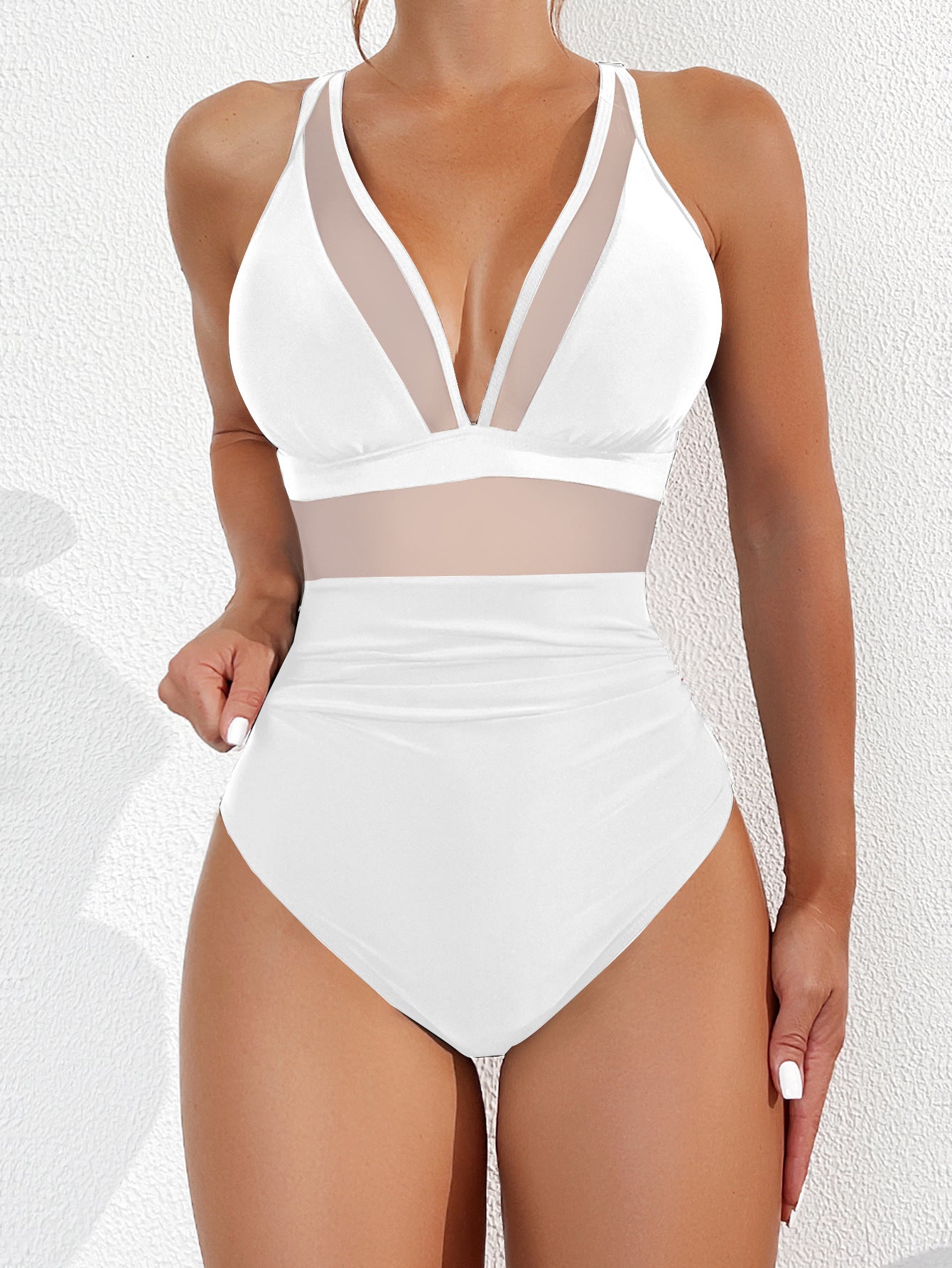 Savaviaswim - Women Plus Size One Piece Swimsuit V Neck Mesh Sheer Tummy Control Bathing Suit