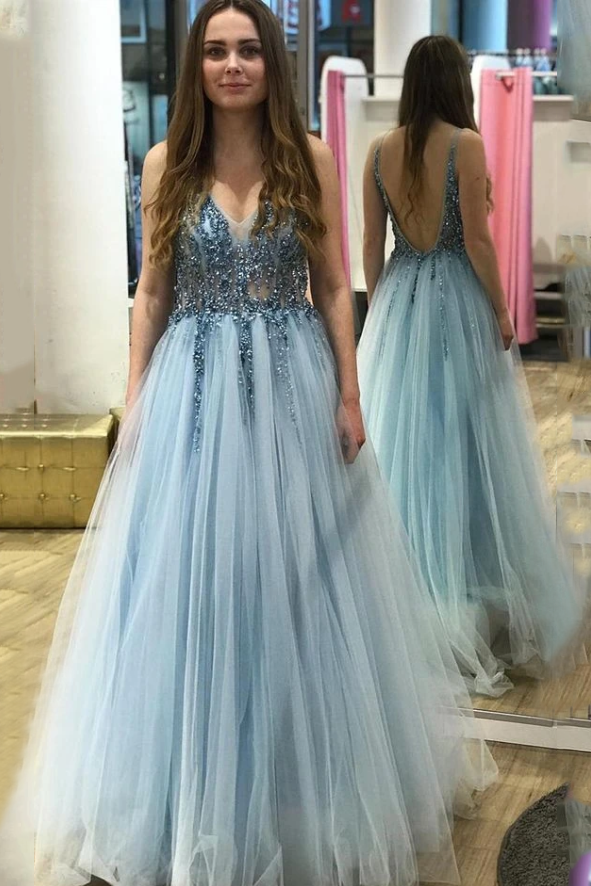 Blue Tulle A Line V Back V Neck Beading School Dance Dresses Long Prom Dresses