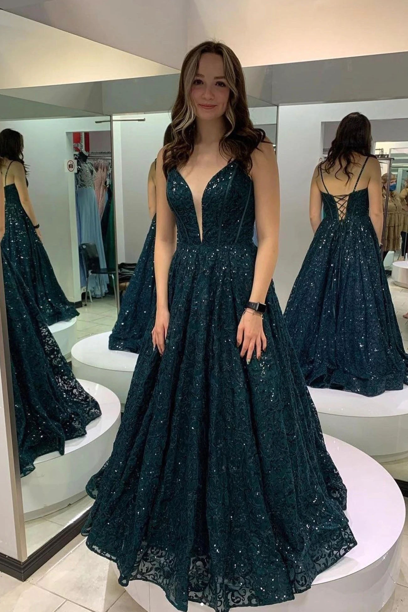 Deep V Neck A line Shiny Lace Dark Green Sequins Evening Dresses Long Deep V Neck A line Shiny Lace Dark Green Sequins Evening Dresses Long