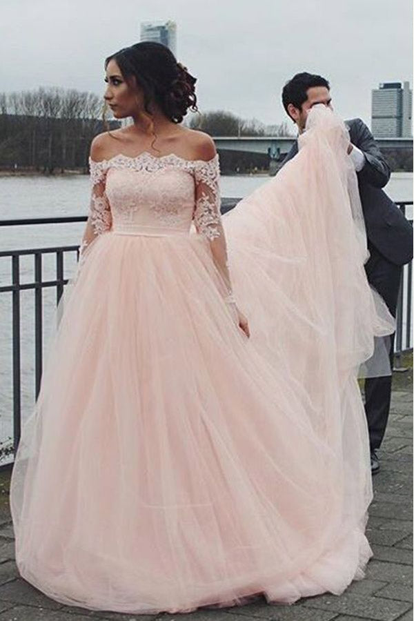 Pink A Line Brush Train Off Shoulder Long Sleeve Lace Wedding Dresses Pink A Line Brush Train Off Shoulder Long Sleeve Lace Wedding Dresses
