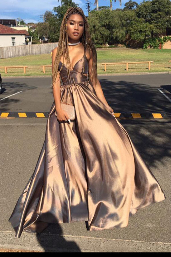 Gold A Line Floor Length Deep V Neck Sleeveless Open Back Prom Dresses Gold A Line Floor Length Deep V Neck Sleeveless Open Back Prom Dresses