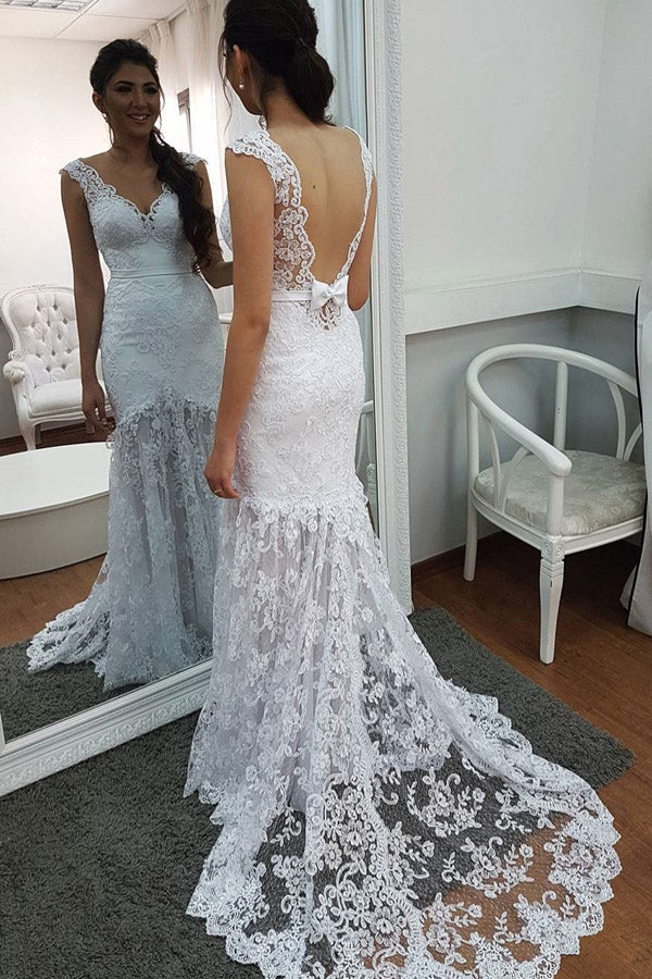 Mermaid Court Train V Neck Sleeveless Backless Lace Wedding Dresses Mermaid Court Train V Neck Sleeveless Backless Lace Wedding Dresses