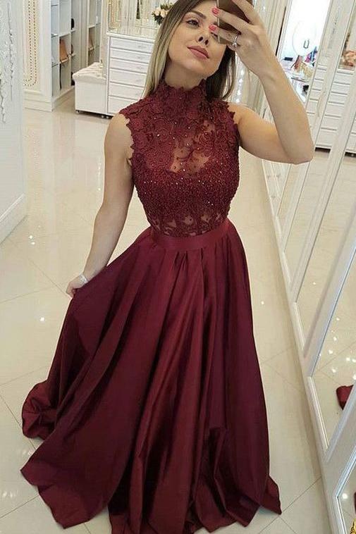 Burgundy Satin A-line Sleeveless High Neck Long Prom Dresses Burgundy Satin A-line Sleeveless High Neck Long Prom Dresses