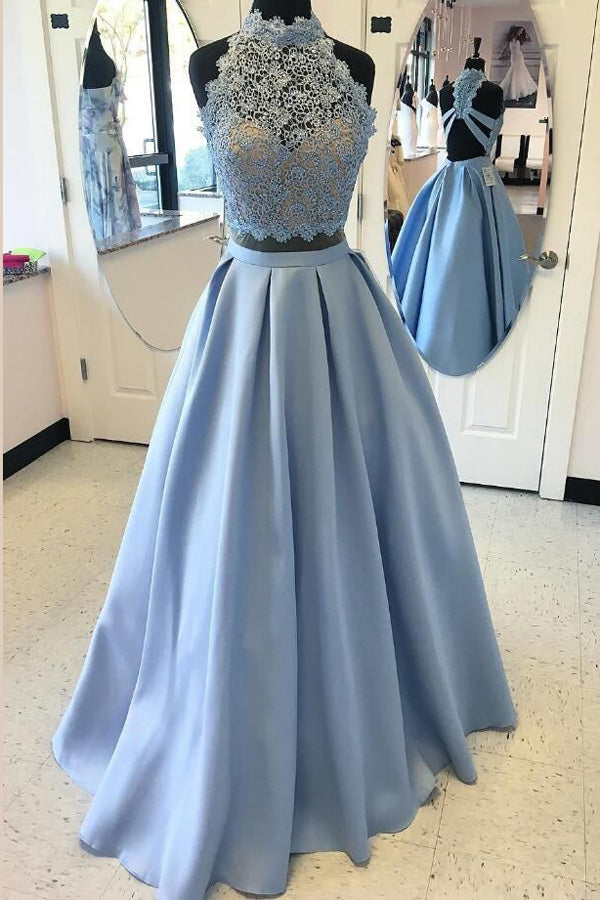 Blue Two Piece A Line Halter Sleeveless Open Back Appliques Prom Dress Blue Two Piece A Line Halter Sleeveless Open Back Appliques Prom Dress