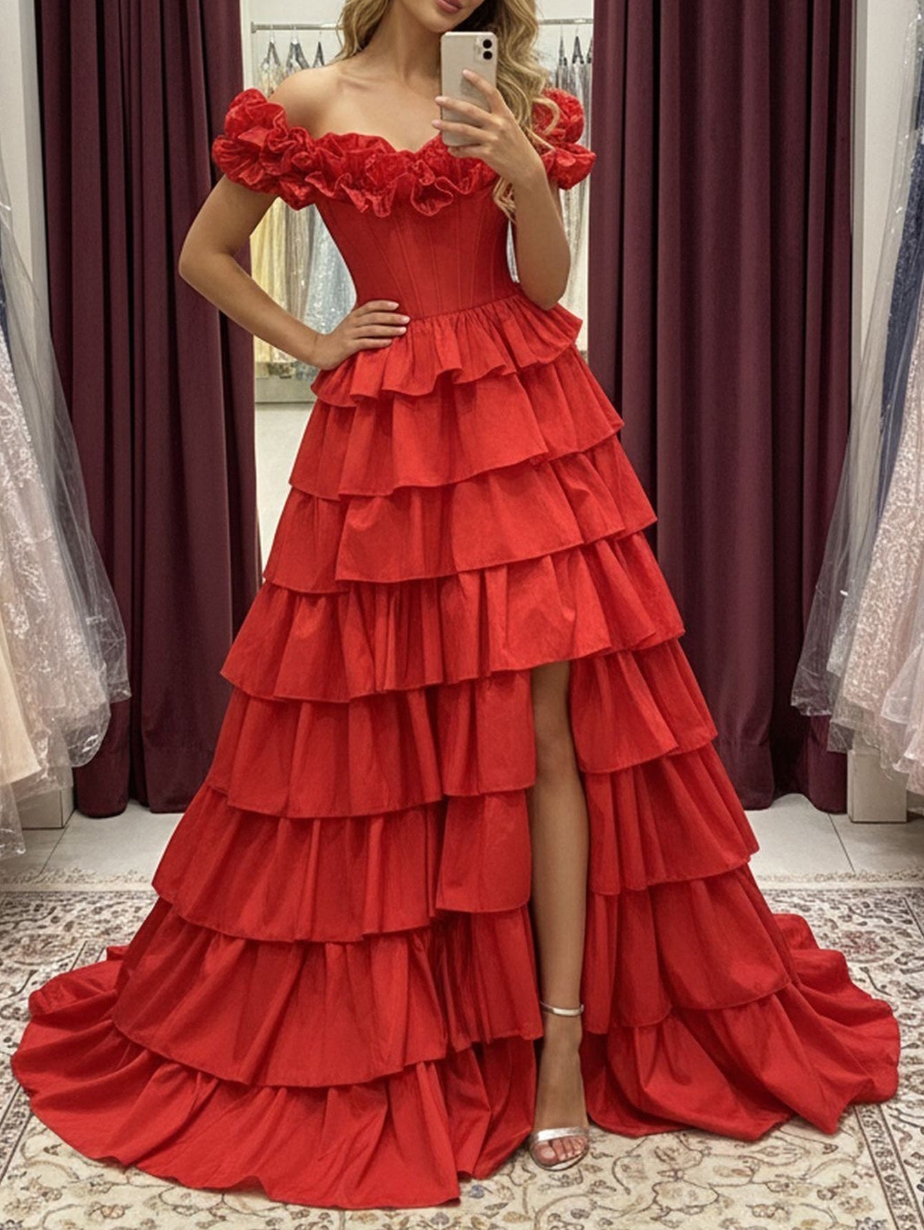 Off Shoulder Bodice Tiered Layered Ball Gown Prom Dress With Slit - Red