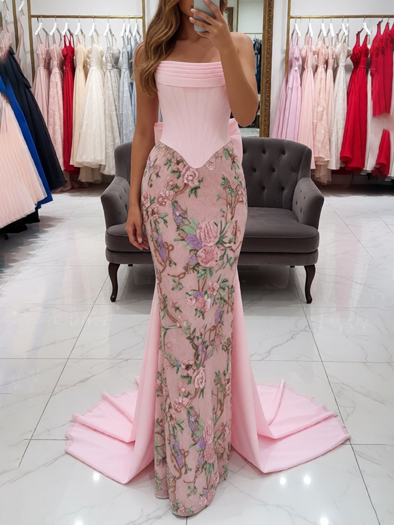 Sparkly Beading Big Bow Embroidery Ruched Lace Up Bodice Long Mermaid Prom Dress With Drop Train - Pink Floral