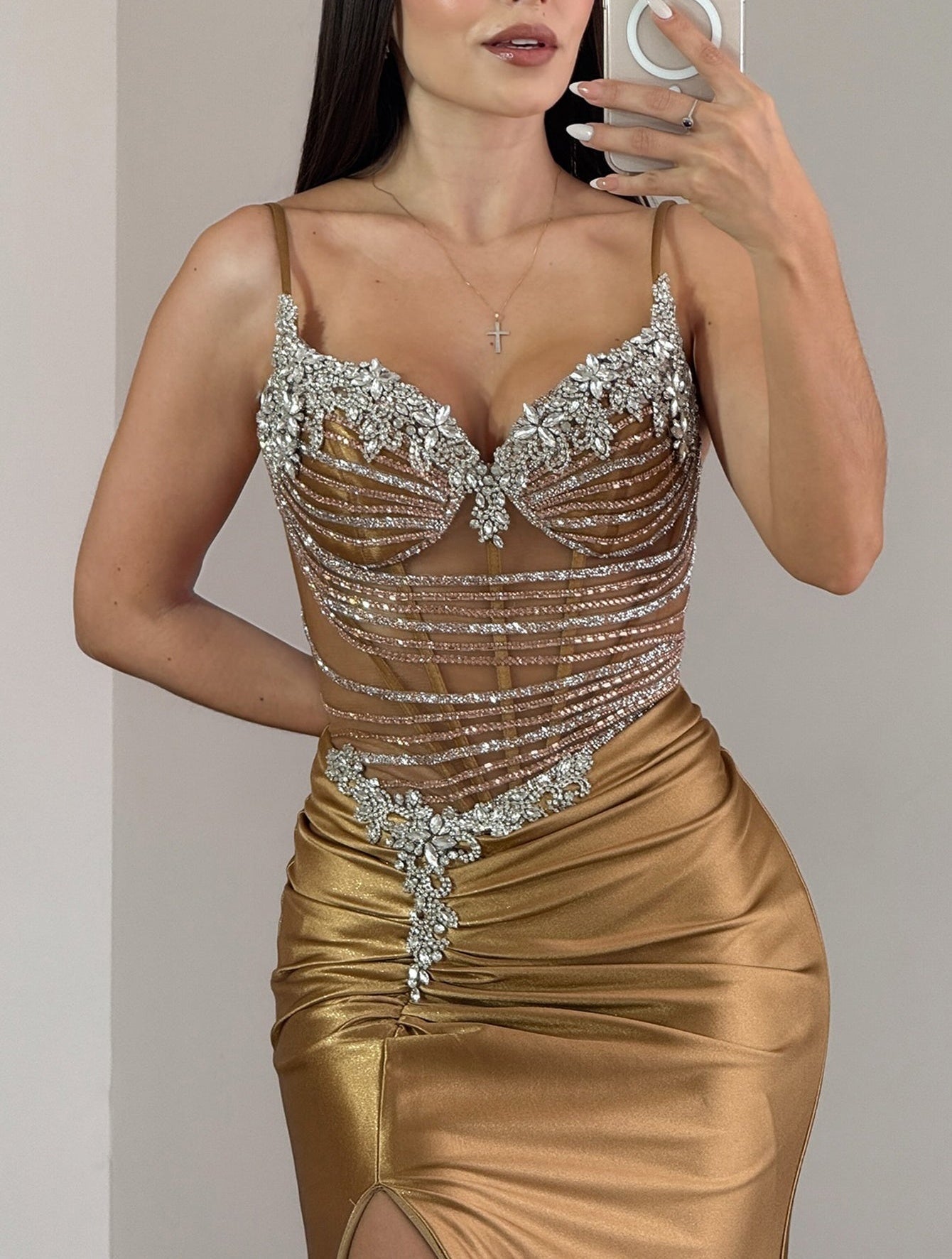 Luxury Crystal Dubai Sheer Bodice Mermaid Evening Dress - Gold