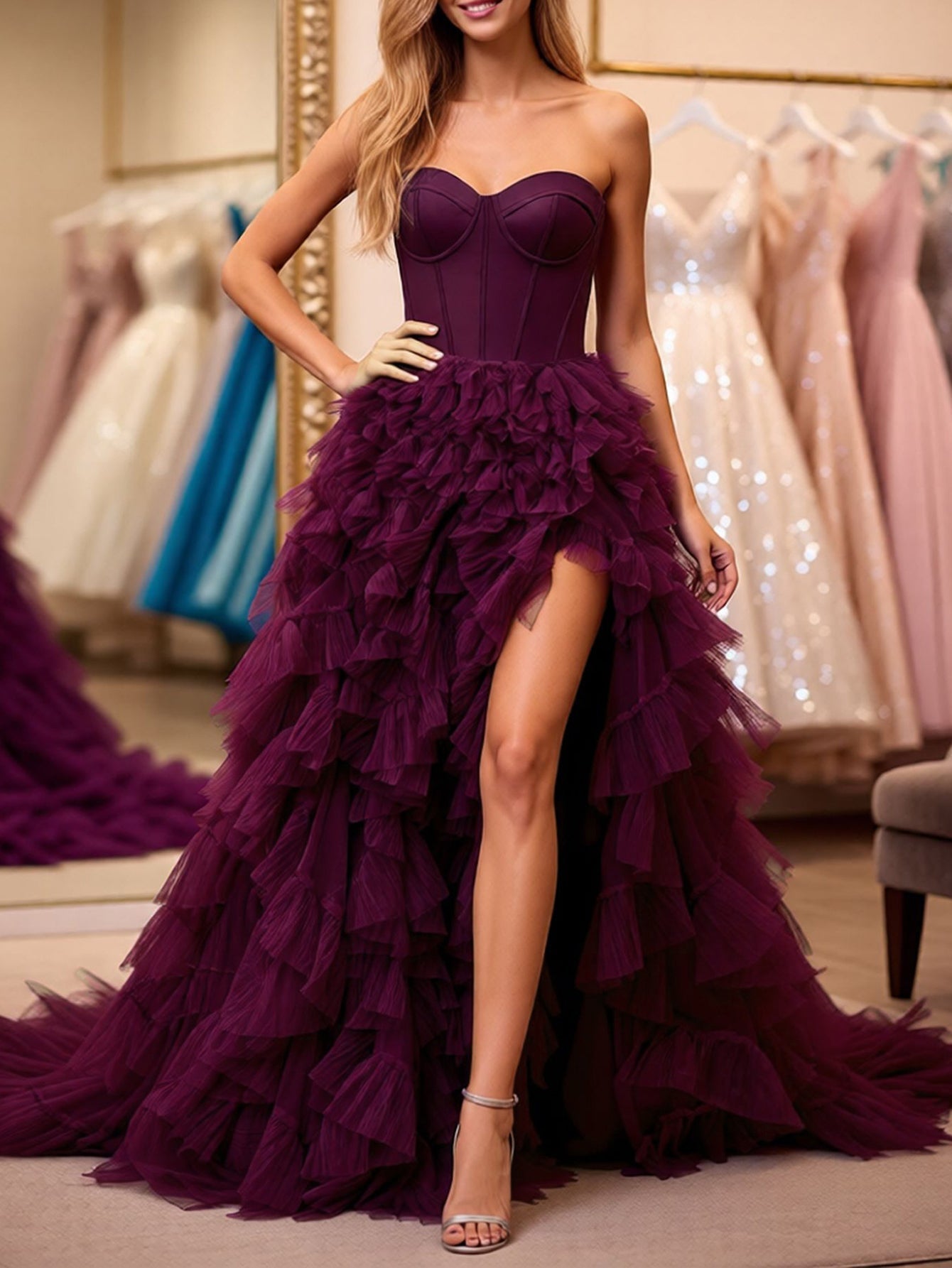 Bodice Layered Ball Gown Prom Dress With Slit - Purple