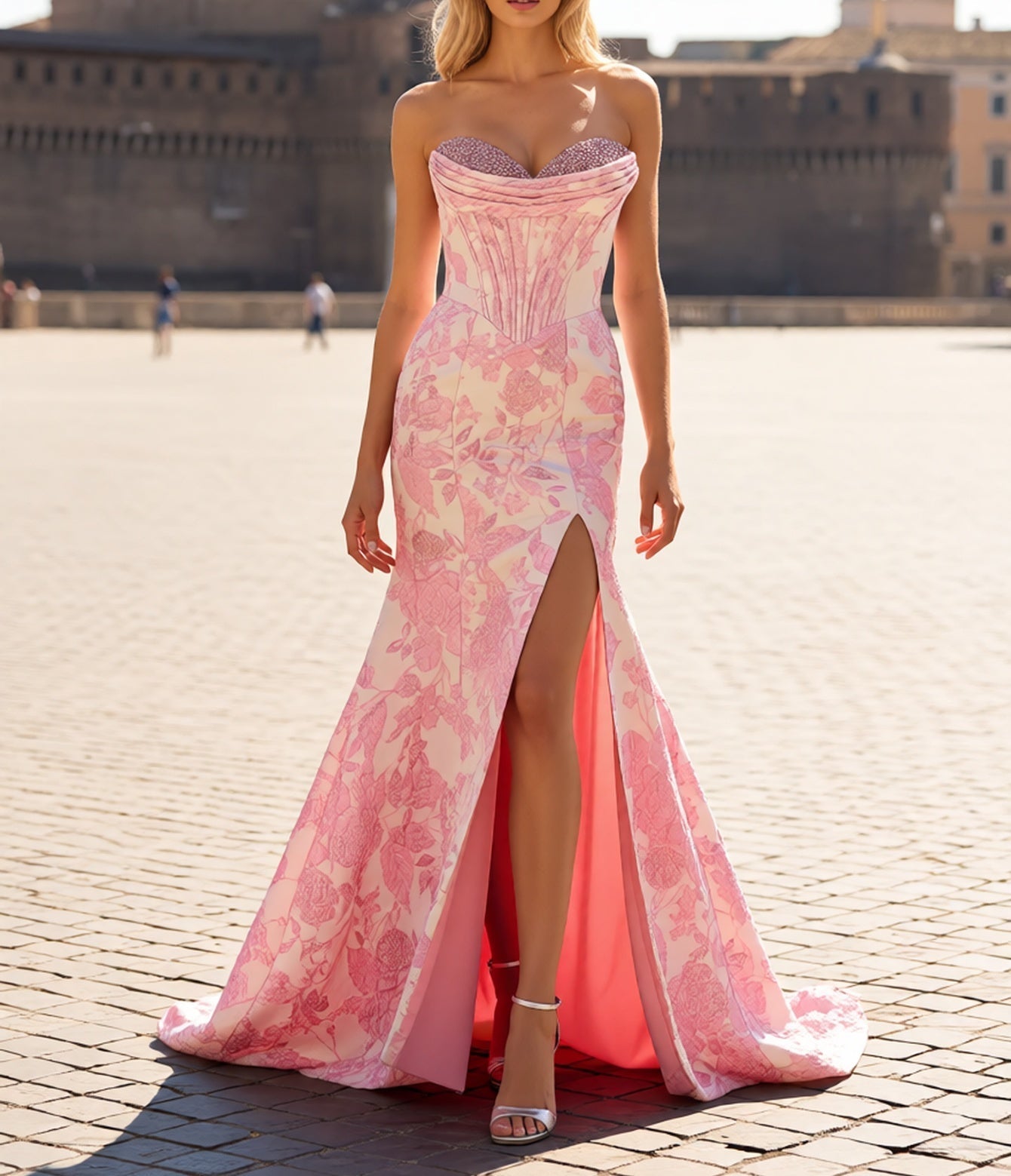 Sweetheart Hot Fix Crystal Ruched Bust Long Mermaid Prom Dress - Pink Floral