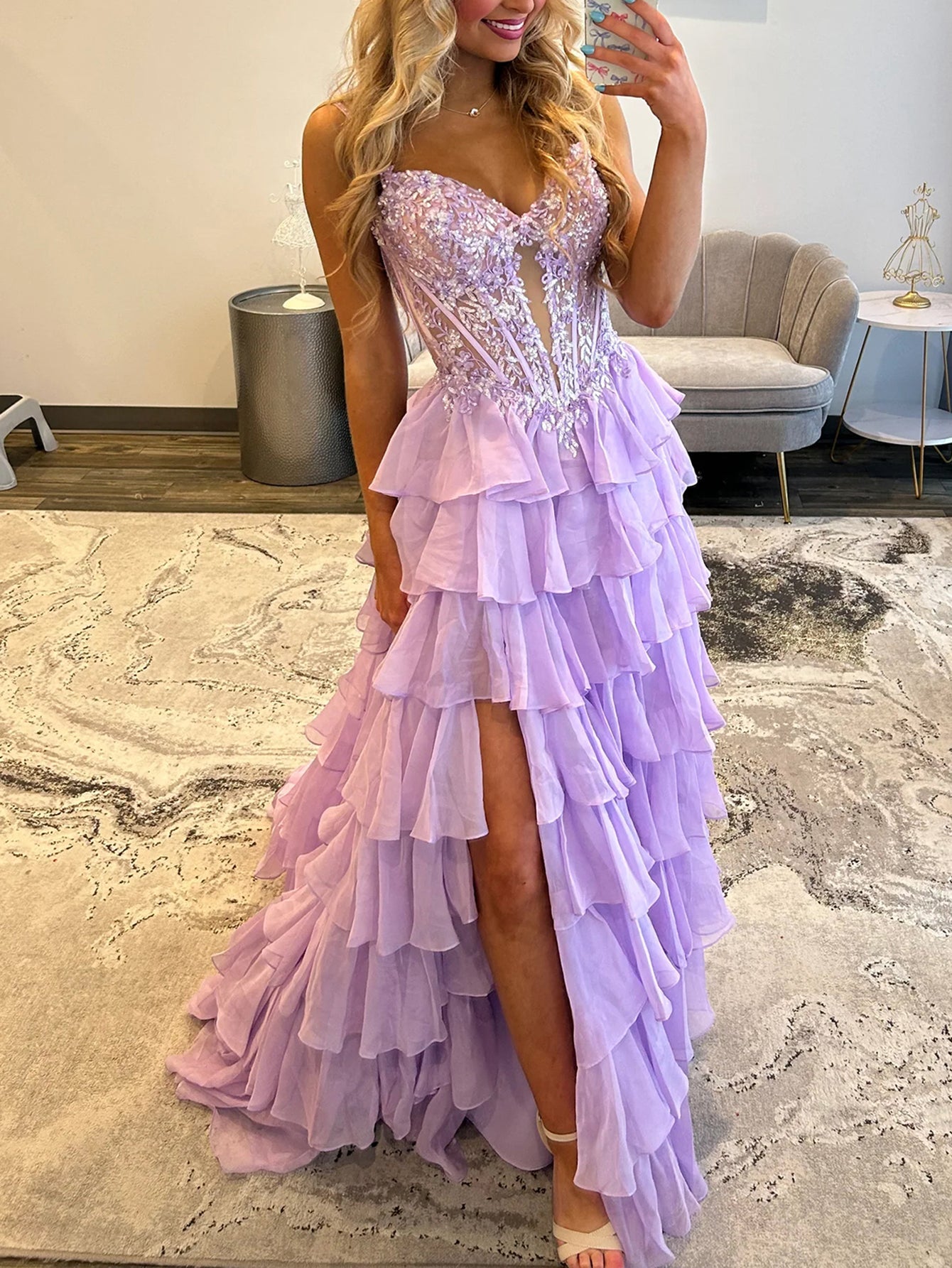 Lace Cut Front Boned Ruffled Ball Gown Dress - Lavender