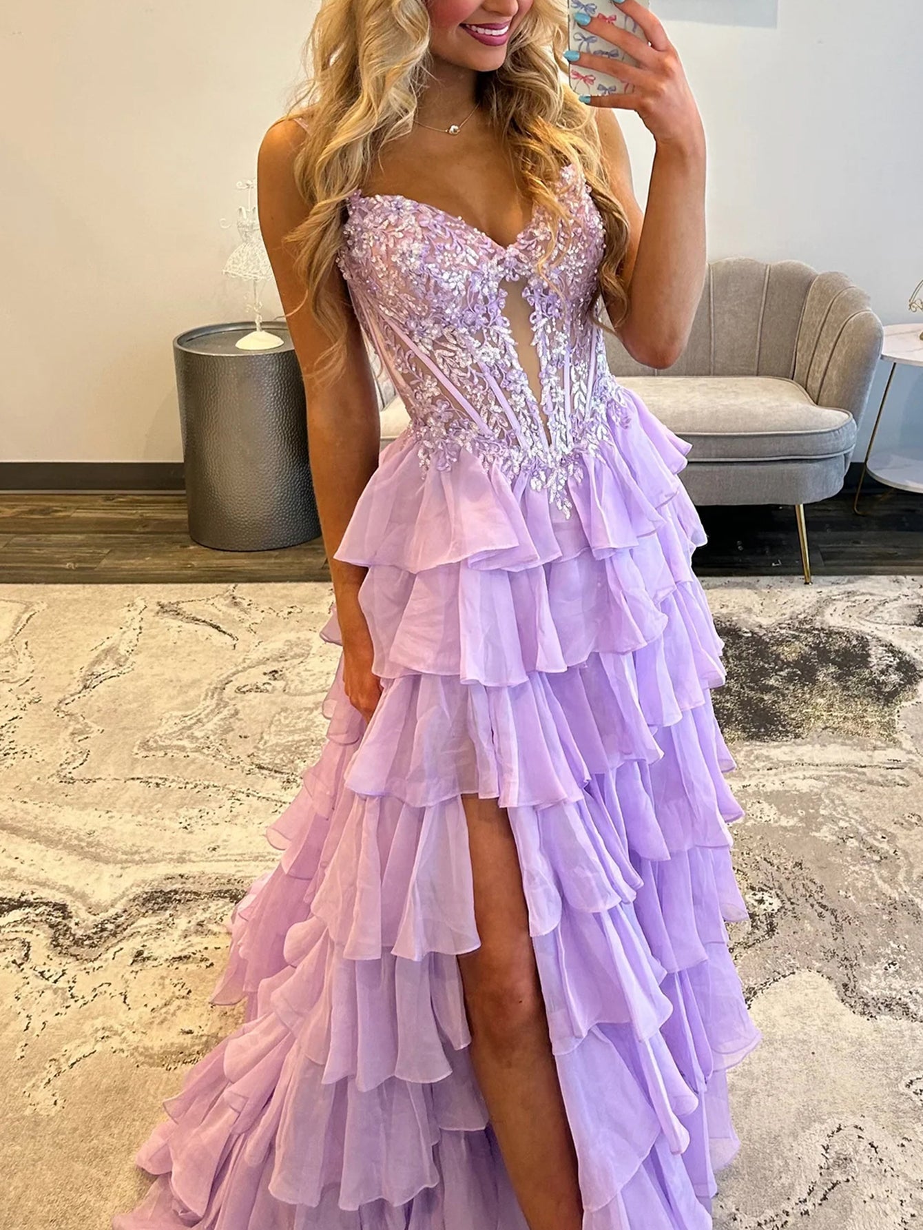 Lace Cut Front Boned Ruffled Ball Gown Dress - Lavender