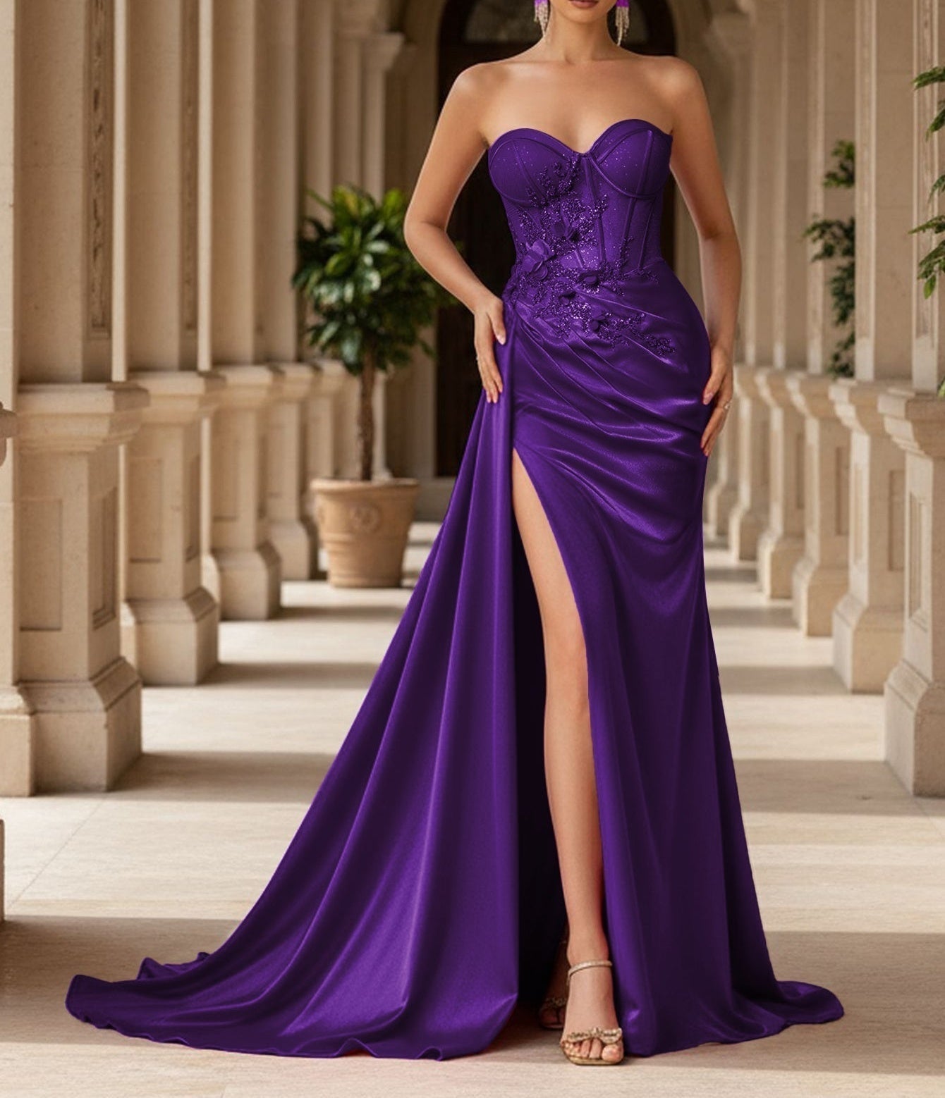 3D Rose Boned Mermaid Prom Dress With Waist Drop - Purple