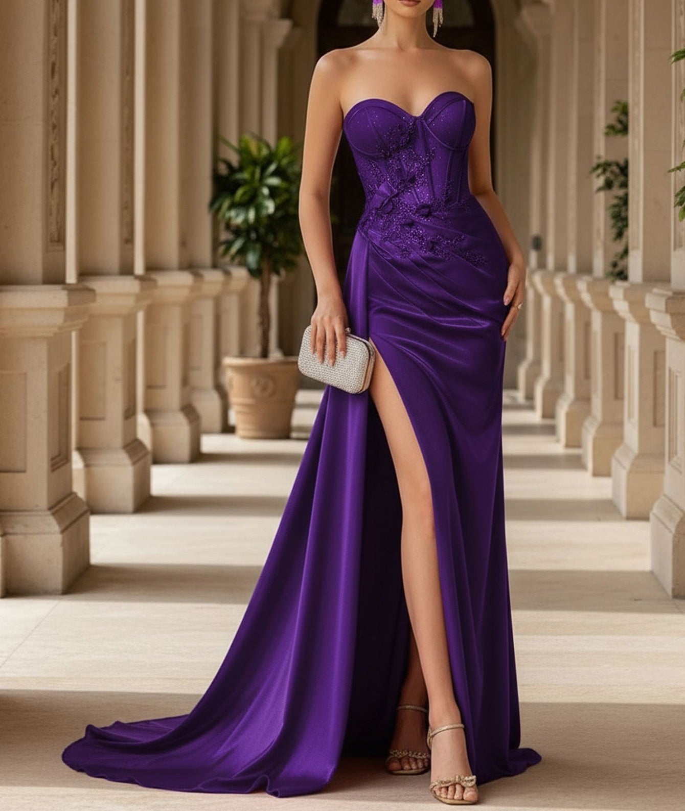 3D Rose Boned Mermaid Prom Dress With Waist Drop - Purple