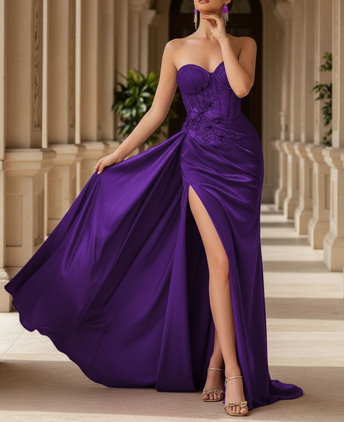3D Rose Boned Mermaid Prom Dress With Waist Drop - Purple