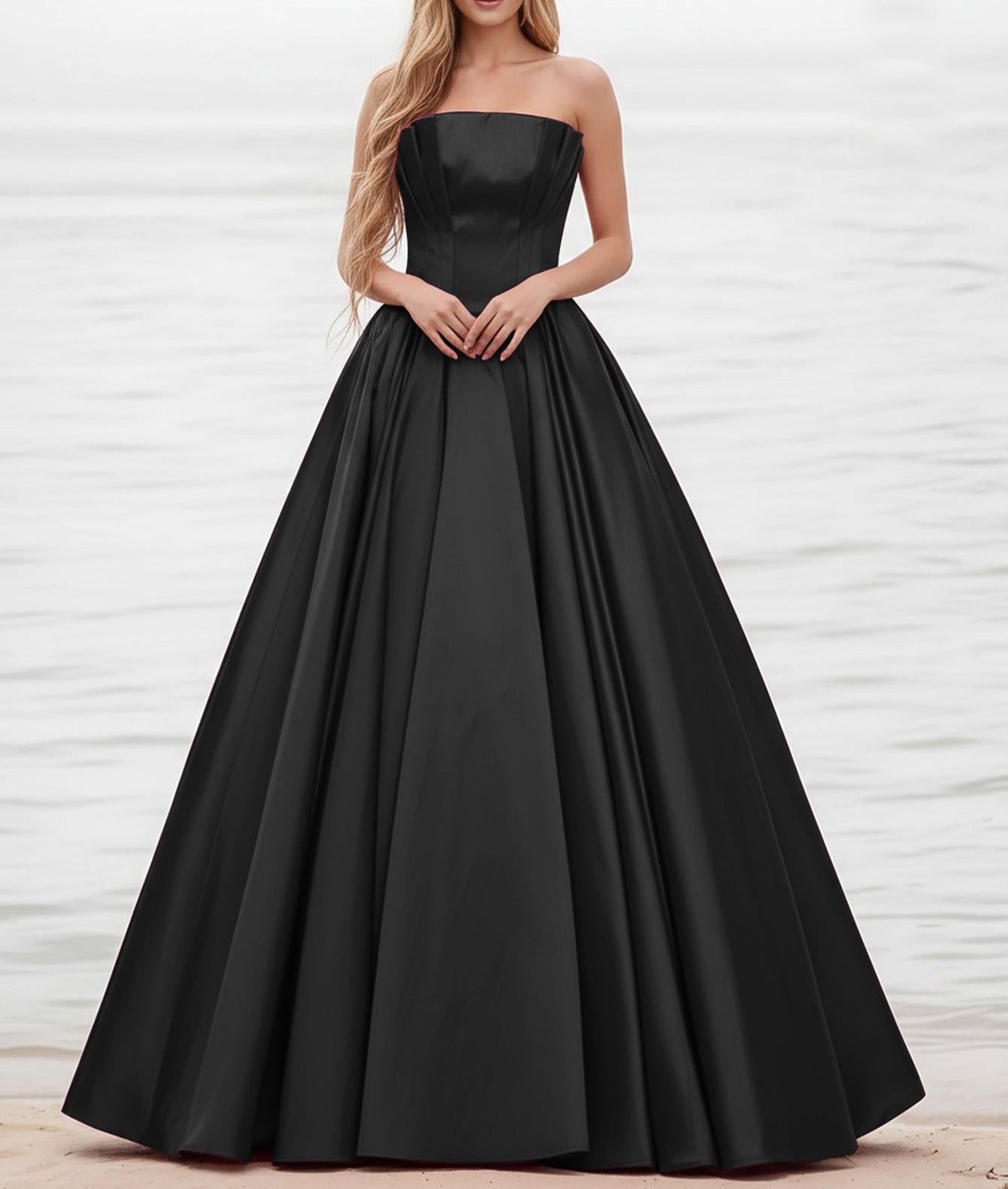 Pleated Bust Ruffle Hem Strapless Satin Prom Ball Gown - Black