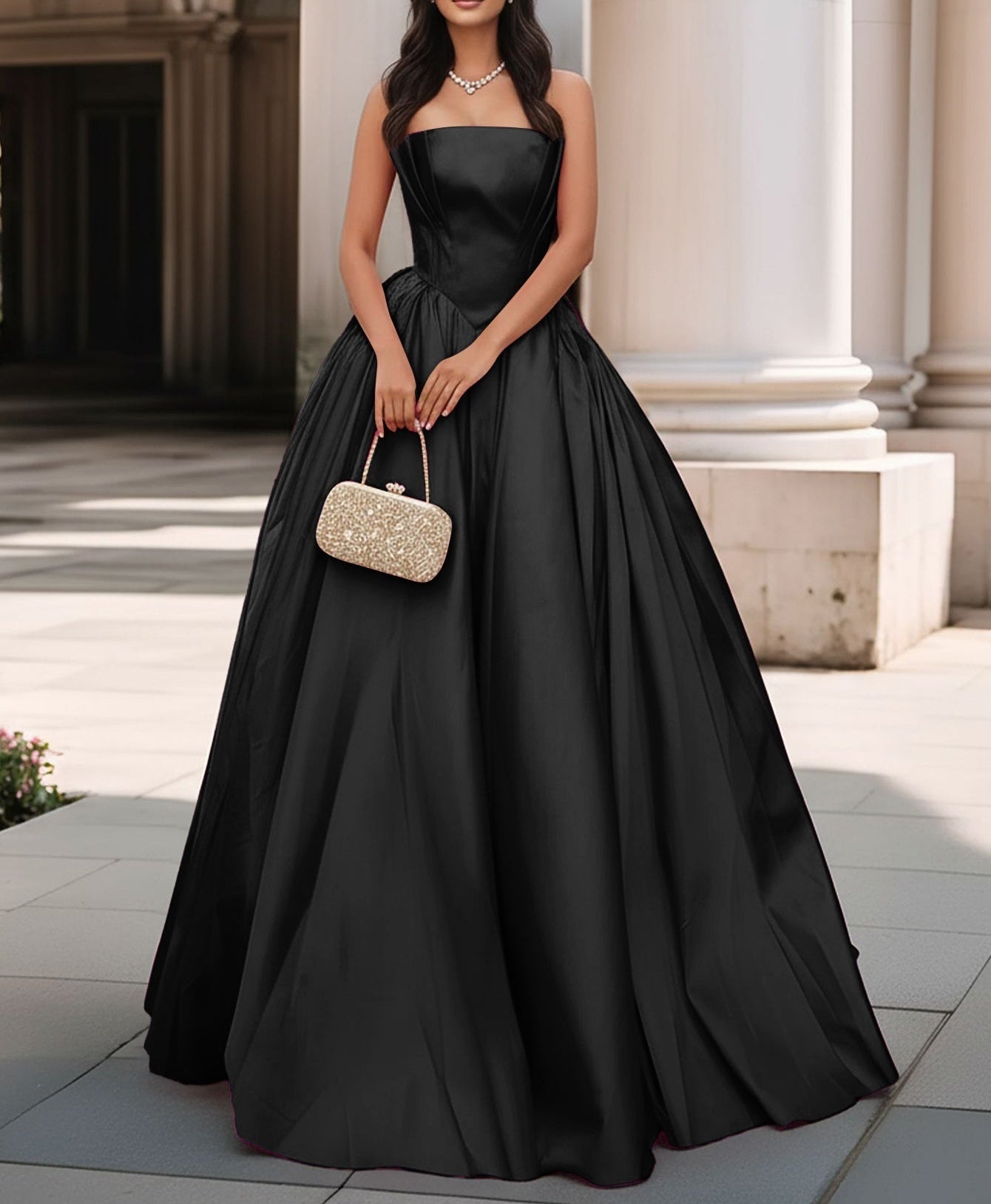 Pleated Bust Ruffle Hem Strapless Satin Prom Ball Gown - Black