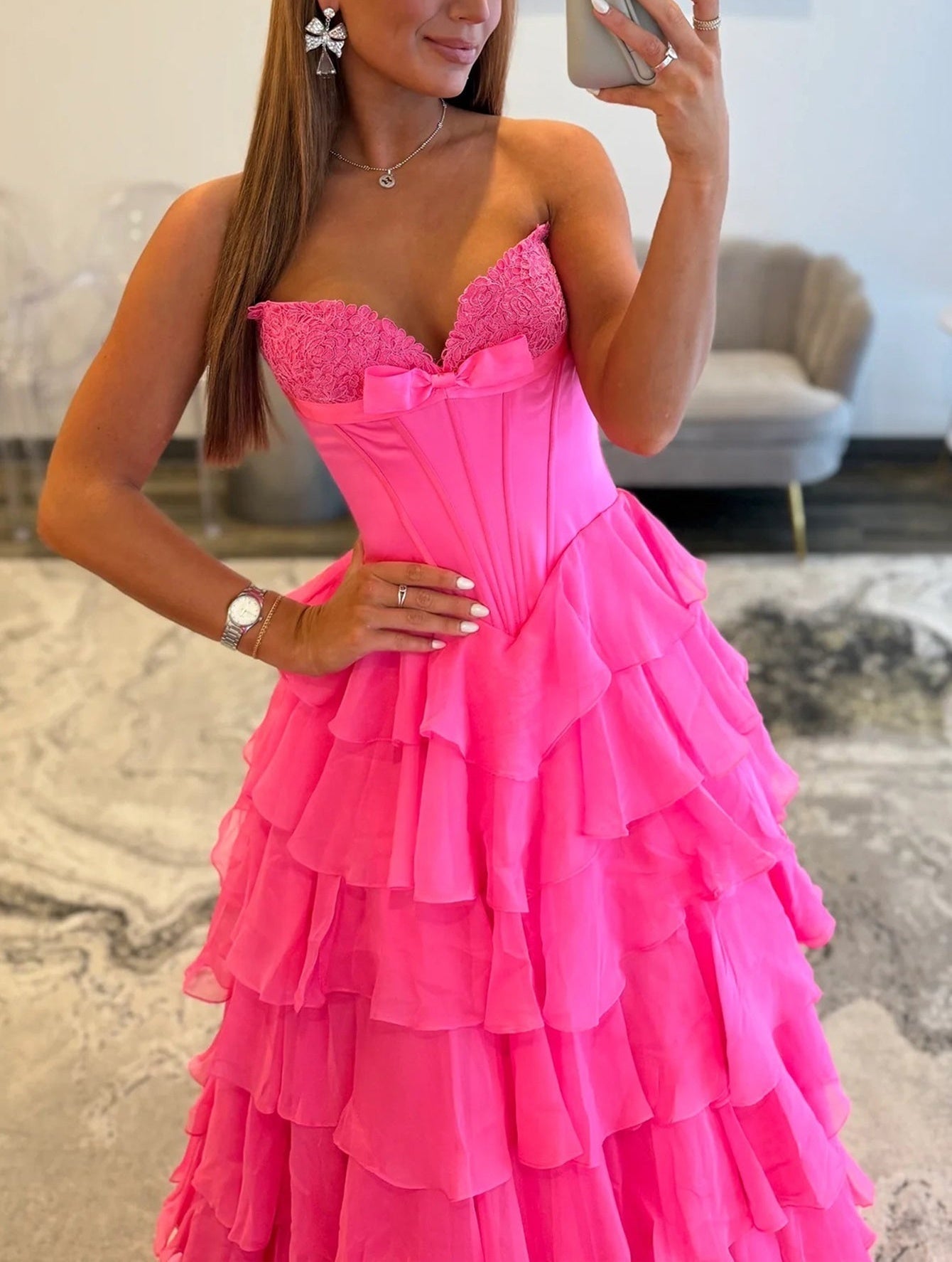 Lace Embroidery Boned Layered Ball Gown Prom Dress - Hot Pink