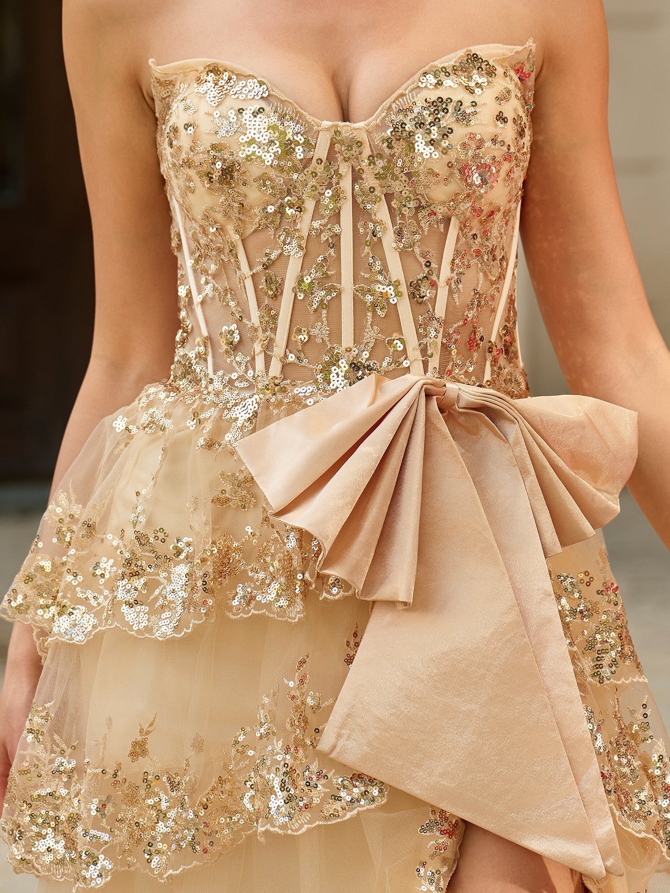 Satin Bow Waist Sparkly Lace Strapless Ruffle Tiered Prom Dress - Champagne