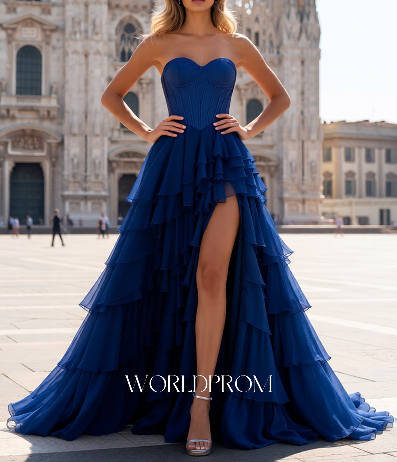 Sweetheart Pleated Bodice LayeNavy Blue Ruffle Hem Long Prom Dress With Slit - Navy Blue