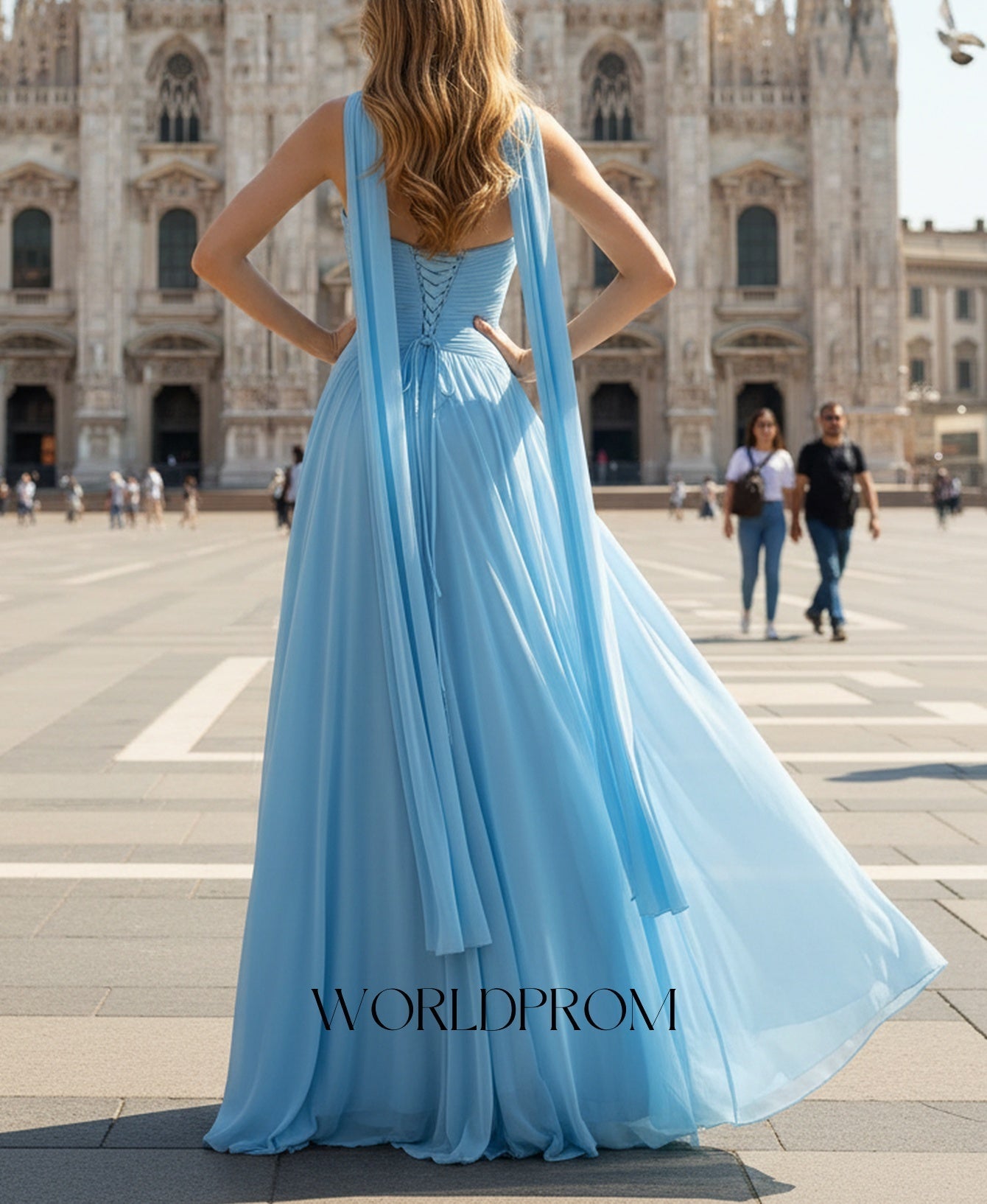 Sweetheart Ruched Bust Pleated A-Line Long Prom Dress With Shawl - Sky Blue