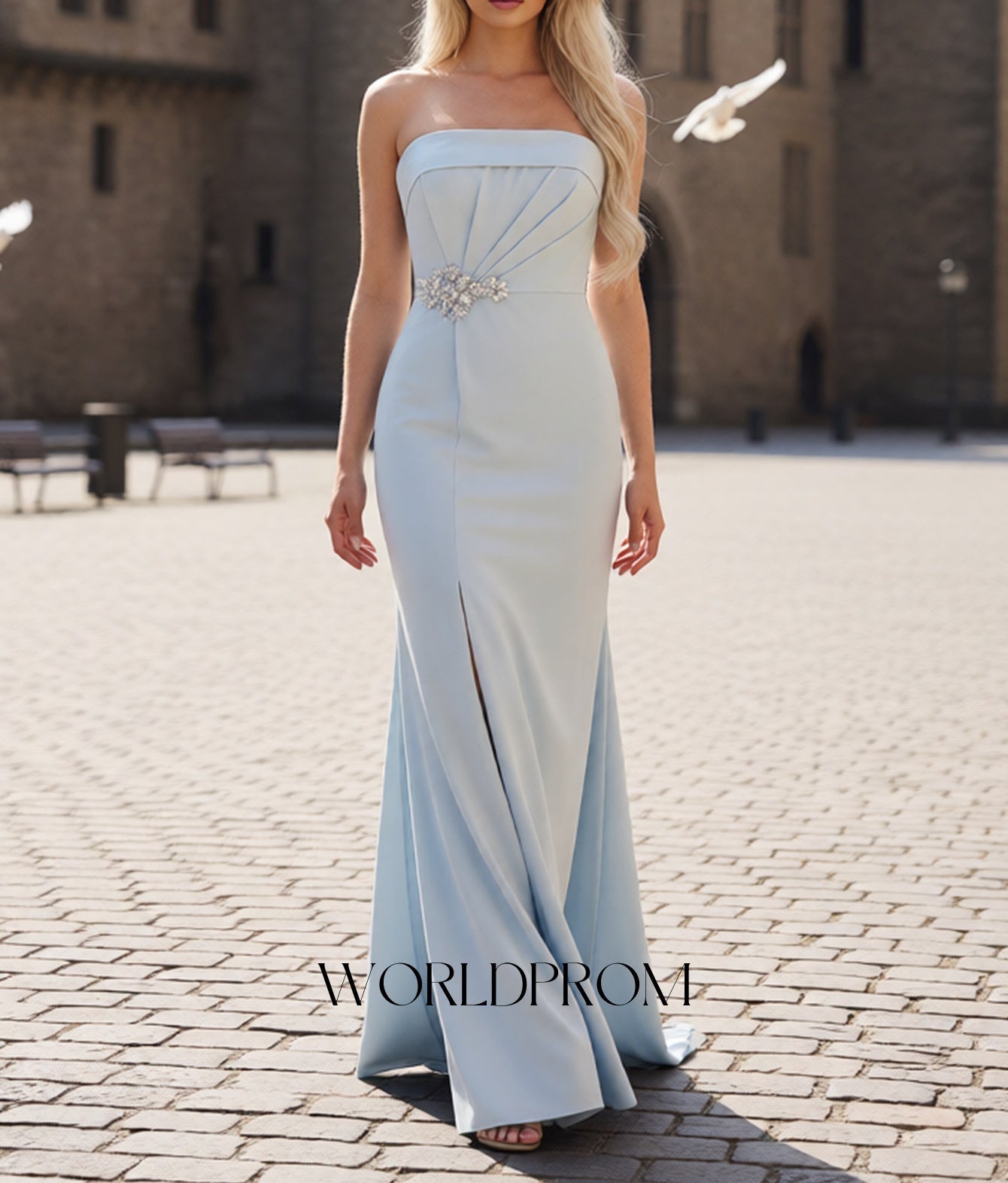 Sparkly Beading Pleated Lace Up Mermaid Long Prom Dress With Slit - Sky Blue