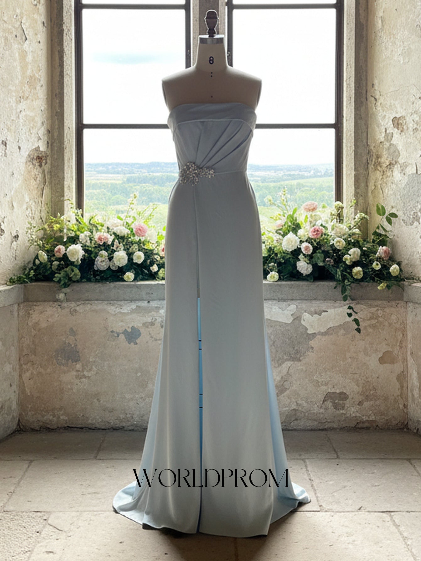 Sparkly Beading Pleated Lace Up Mermaid Long Prom Dress With Slit - Sky Blue
