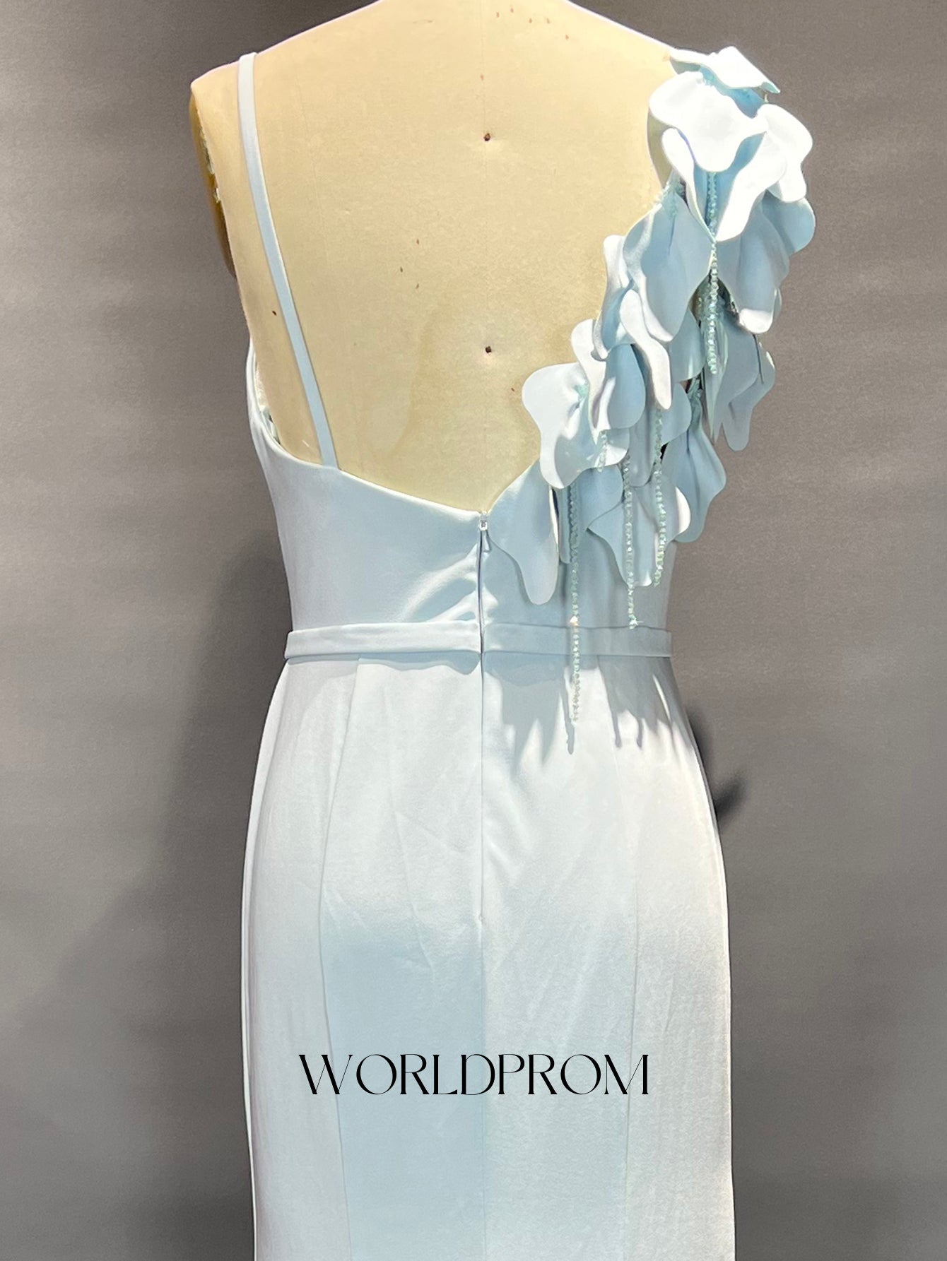 3D Flowers Spaghetti Shoulder Straps Pleated Mermaid Long Prom Dress With Slit - Sky Blue