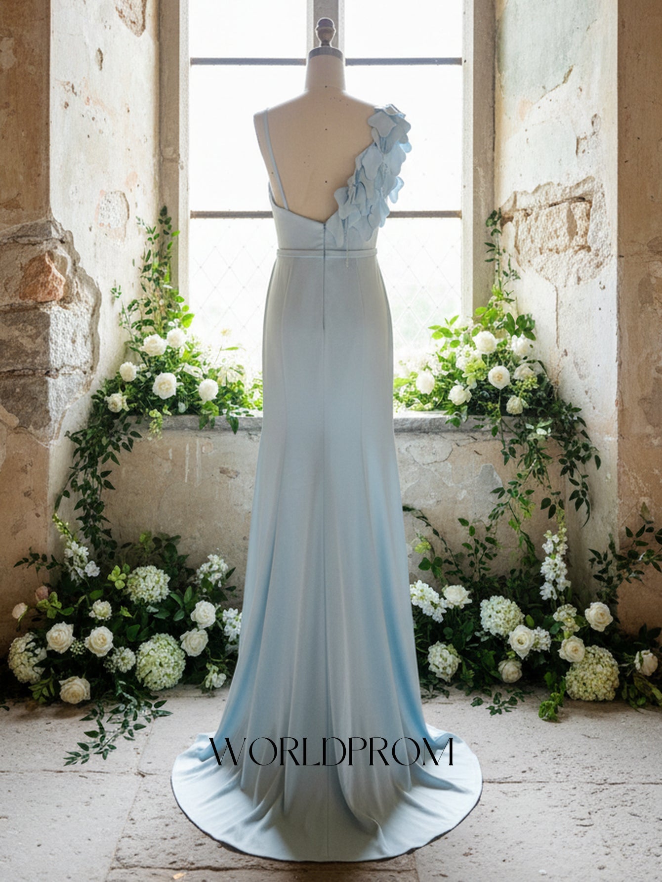 3D Flowers Spaghetti Shoulder Straps Pleated Mermaid Long Prom Dress With Slit - Sky Blue