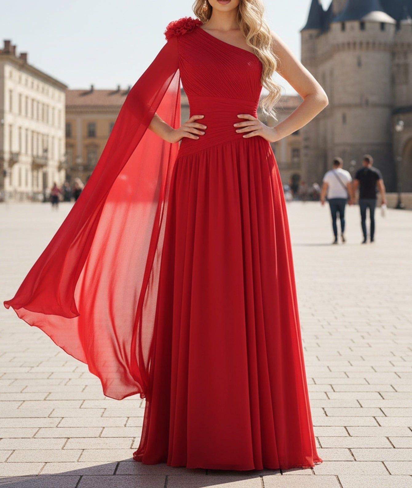 3D Flower One Shoulder Pleated A-Line Long Prom Dress With Drop - Red