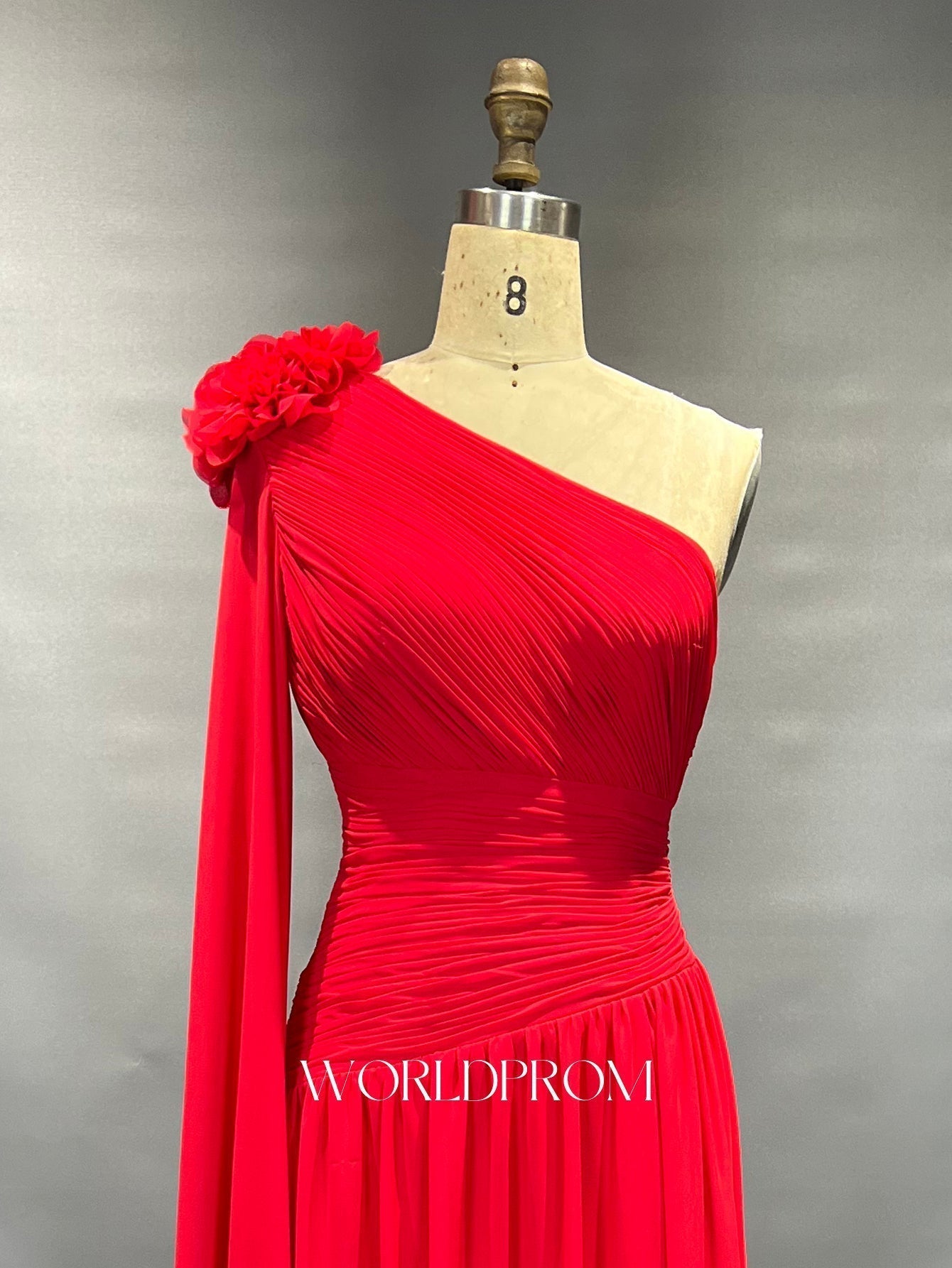 3D Flower One Shoulder Pleated A-Line Long Prom Dress With Drop - Red