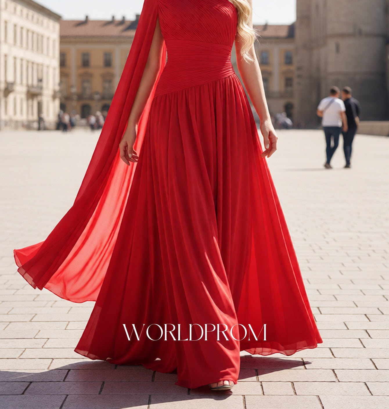 3D Flower One Shoulder Pleated A-Line Long Prom Dress With Drop - Red