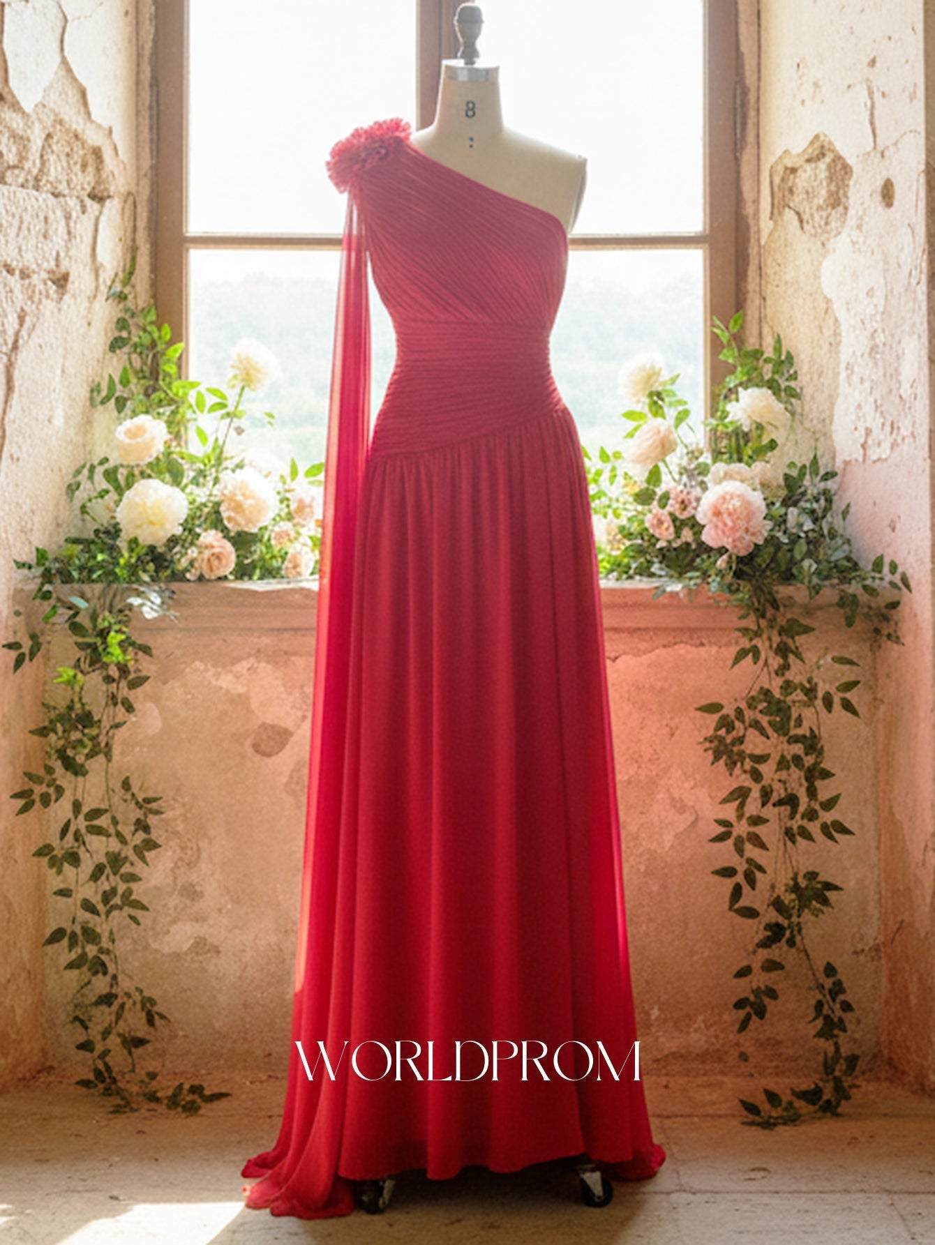 3D Flower One Shoulder Pleated A-Line Long Prom Dress With Drop - Red