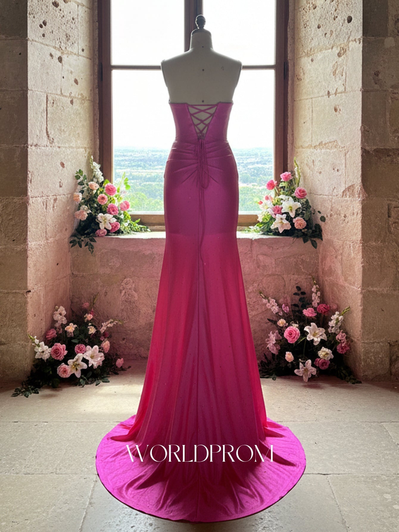 Ruched Bust Hot Fix Crystal Pleated Backless Mermaid Long Prom Dress With Slit - Hot Pink