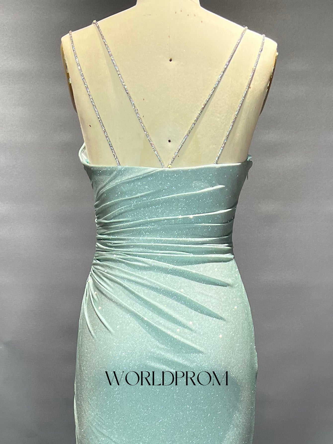 Crystal Spaghetti Shoulder Straps Pleated Mermaid Long Prom Dress With Slit - Mint Green
