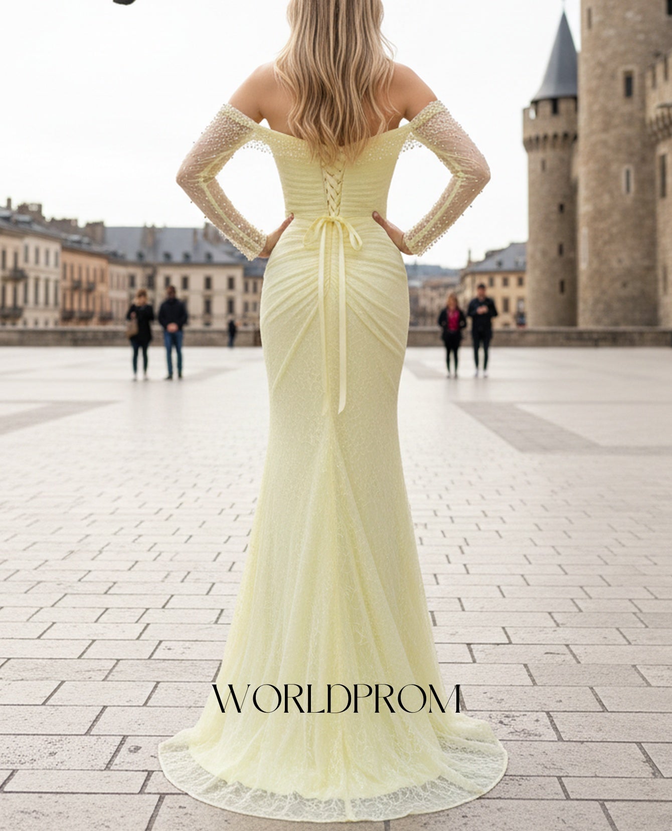Off Shoulder Sparkly Beading Pleated Lace Mermaid Long Prom Dress With Waist Drop - Goose Yellow