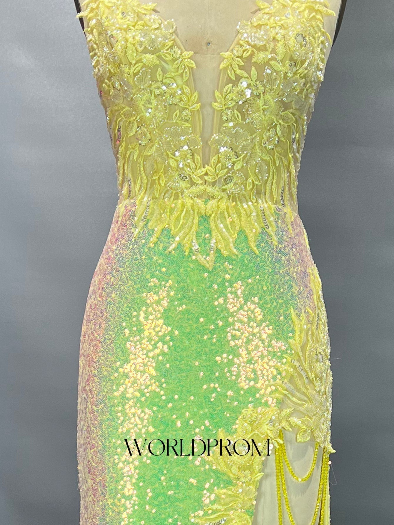 Deep V-Neck Sparkly Beading Lace Floral Illusion Mermaid Long Prom Dress - Goose Yellow