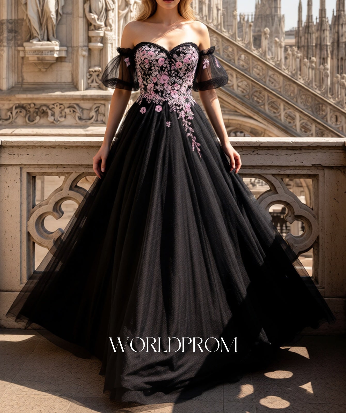 Off Shoulder Sparkly Beading Bodice A-Line Long Prom Dress - Black