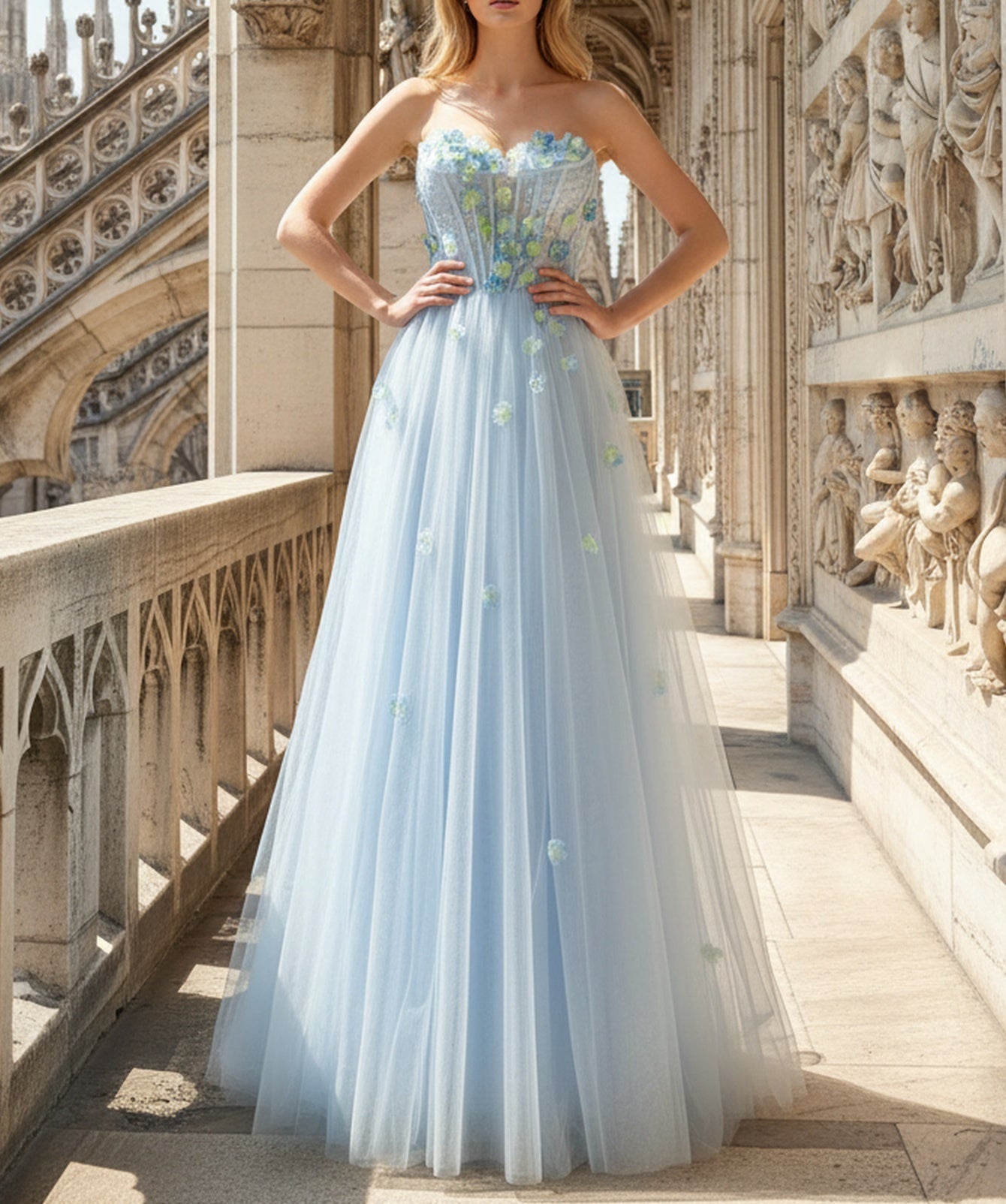 3D Flowers Hot Fix Crystal Illusion Bodice A-Line Long Prom Dress - Light Blue