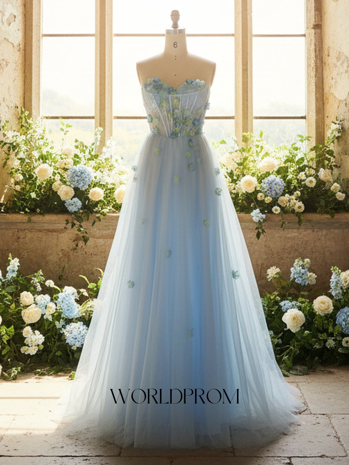 3D Flowers Hot Fix Crystal Illusion Bodice A-Line Long Prom Dress - Light Blue