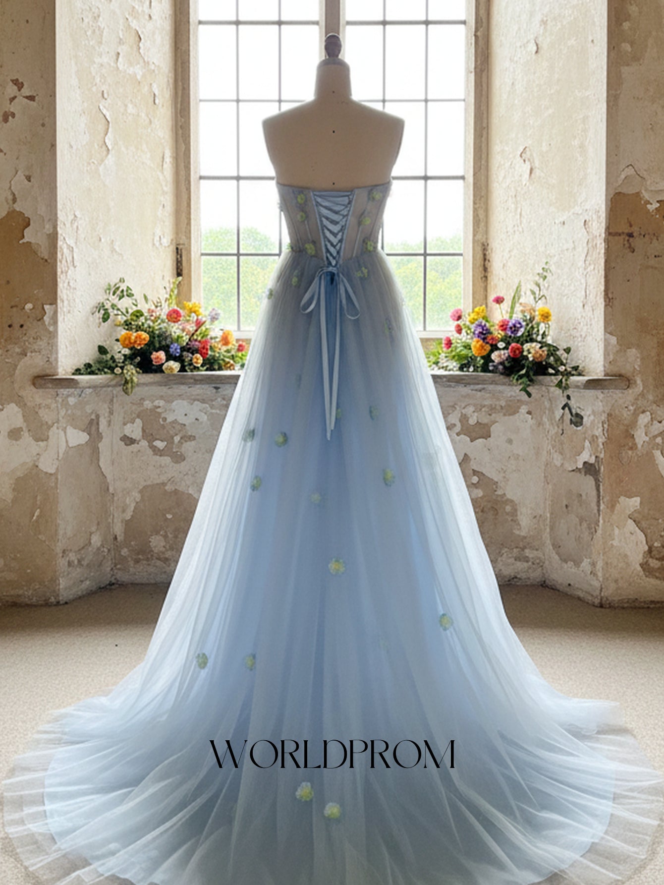 3D Flowers Hot Fix Crystal Illusion Bodice A-Line Long Prom Dress - Light Blue