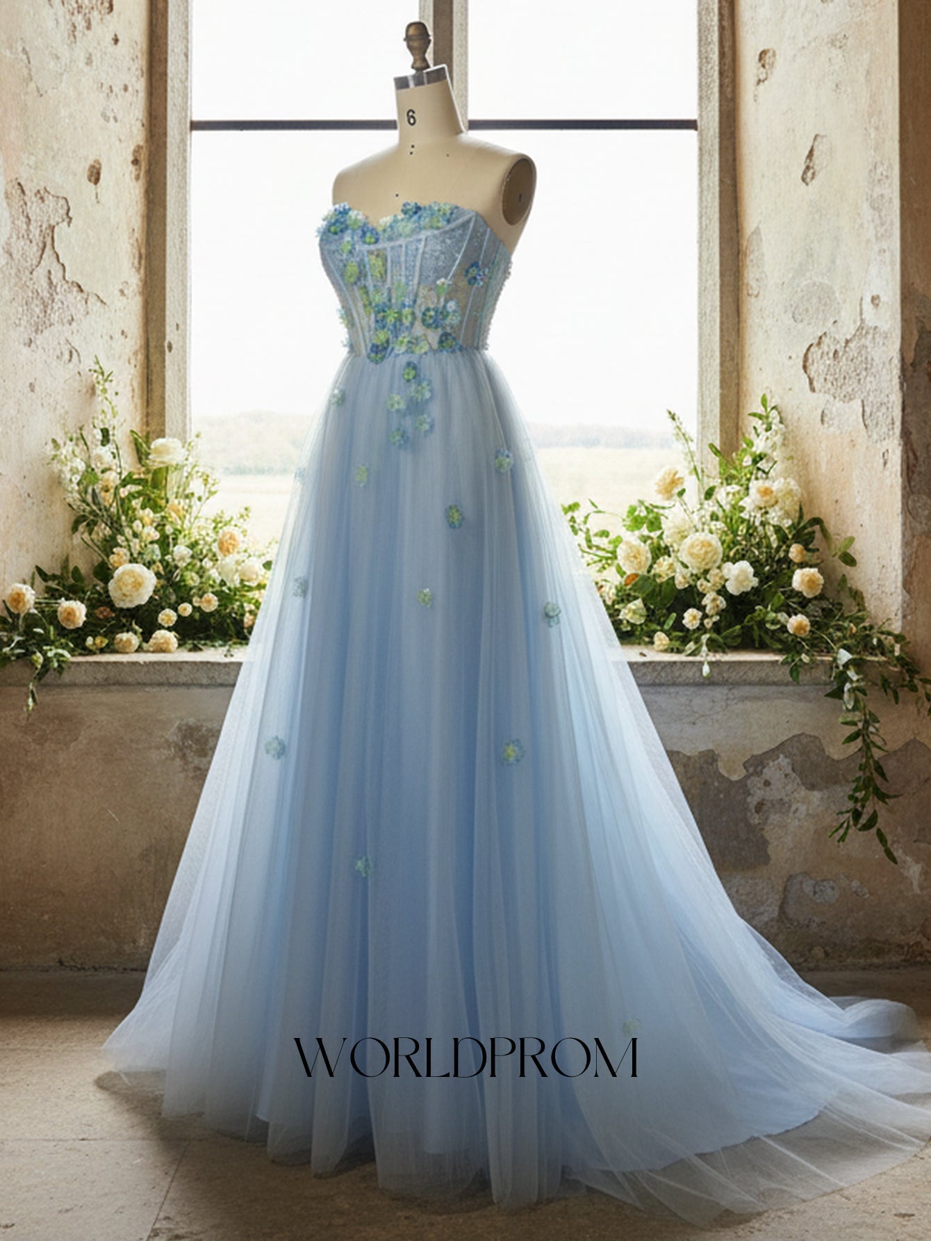 3D Flowers Hot Fix Crystal Illusion Bodice A-Line Long Prom Dress - Light Blue