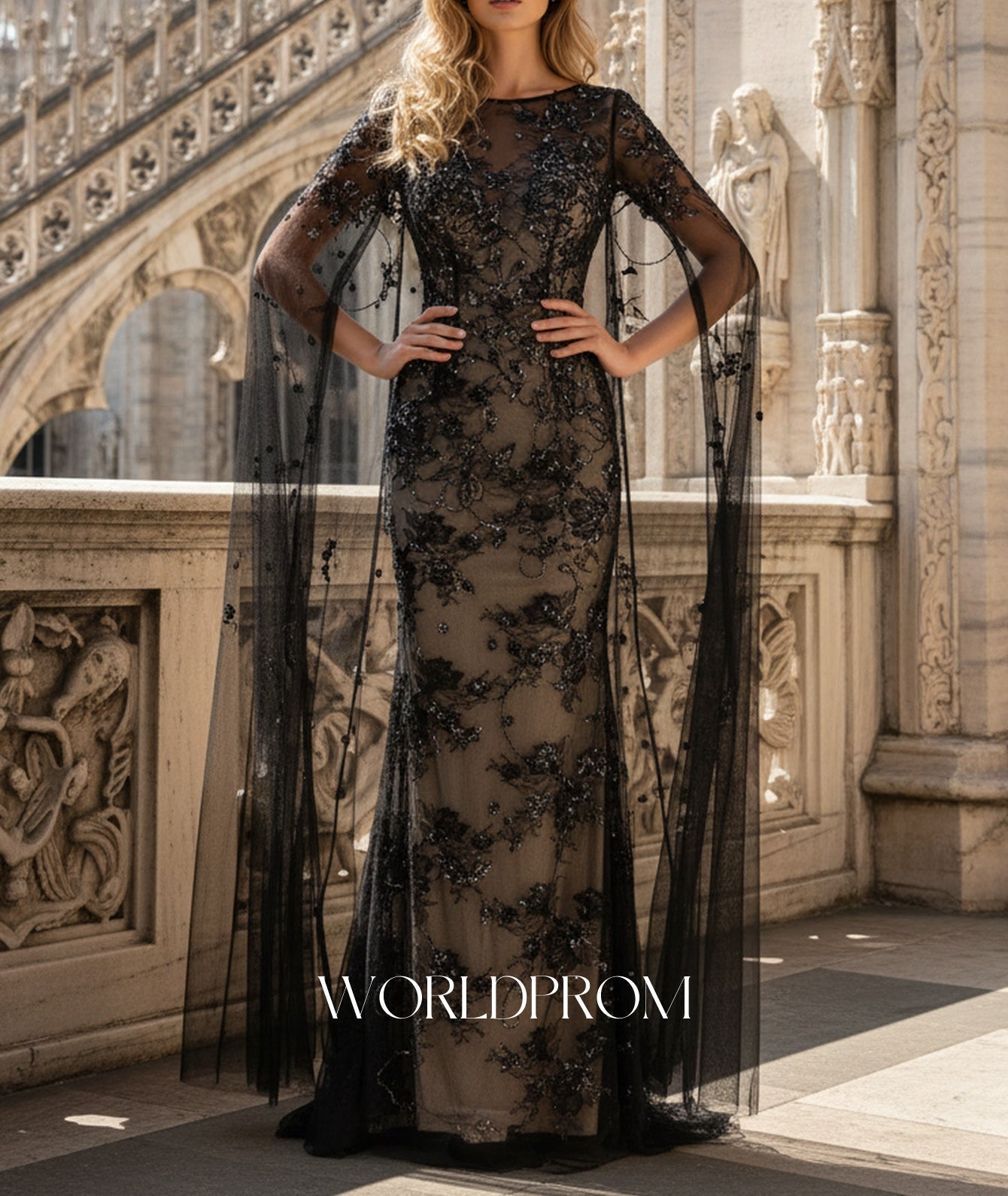 Long Sleeve Sparkly Beading Lace Illusion Mermaid Long Prom Dress - Black