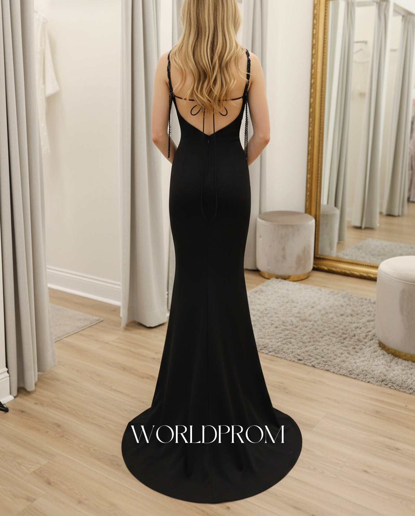 Sparkly Beading Ruched Bust Spaghetti Shoulder Straps Mermaid Long Prom Dress - Black