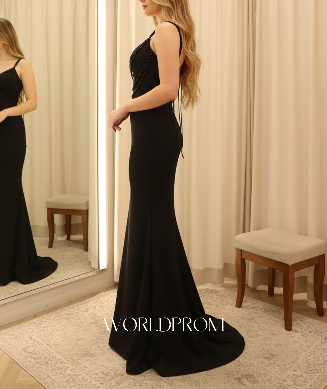 Sparkly Beading Ruched Bust Spaghetti Shoulder Straps Mermaid Long Prom Dress - Black